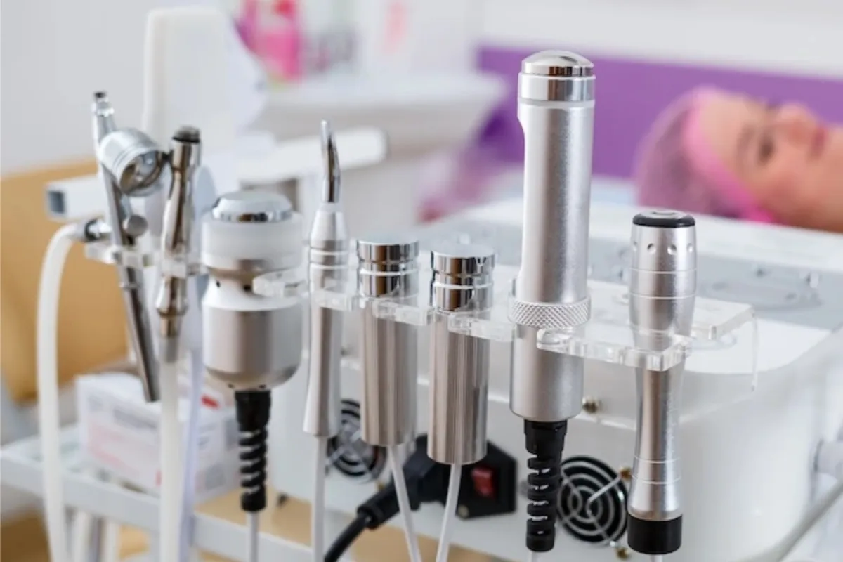 輝く銀色の美顔器が整然と並ぶ、洗練された空間。精密な機械が、肌へのケアを約束する。